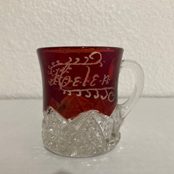 Antique Ruby Red Flash Miniature Mug Toothpick Holder Engraved Helen 08-20-1901 - Picture 1 of 7